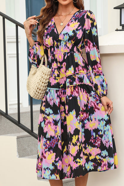 Printed V-Neck Balloon Sleeve Dress - Siennasass