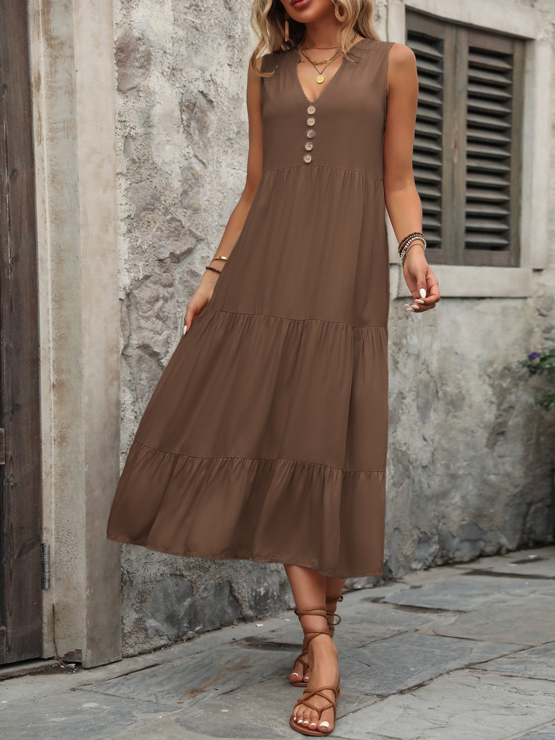 Decorative Button Notched Sleeveless Dress - Siennasass