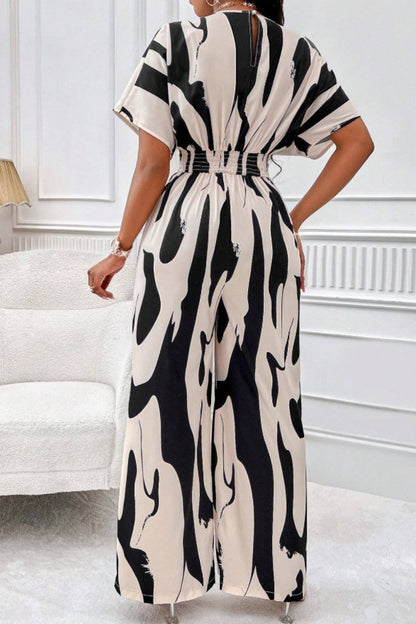 Printed V-Neck Short Sleeve Wide Leg Jumpsuit - Siennasass
