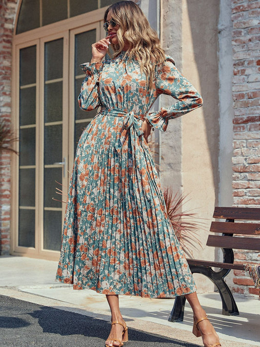 Perfee Tied Pleated Printed Mock Neck Long Sleeve Dress - Siennasass