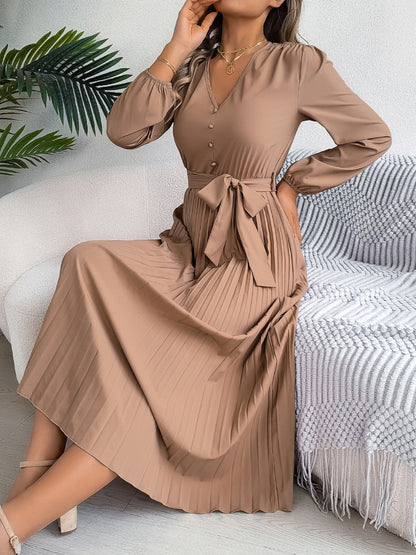 Pleated Tied V-Neck Long Sleeve Dress - Siennasass
