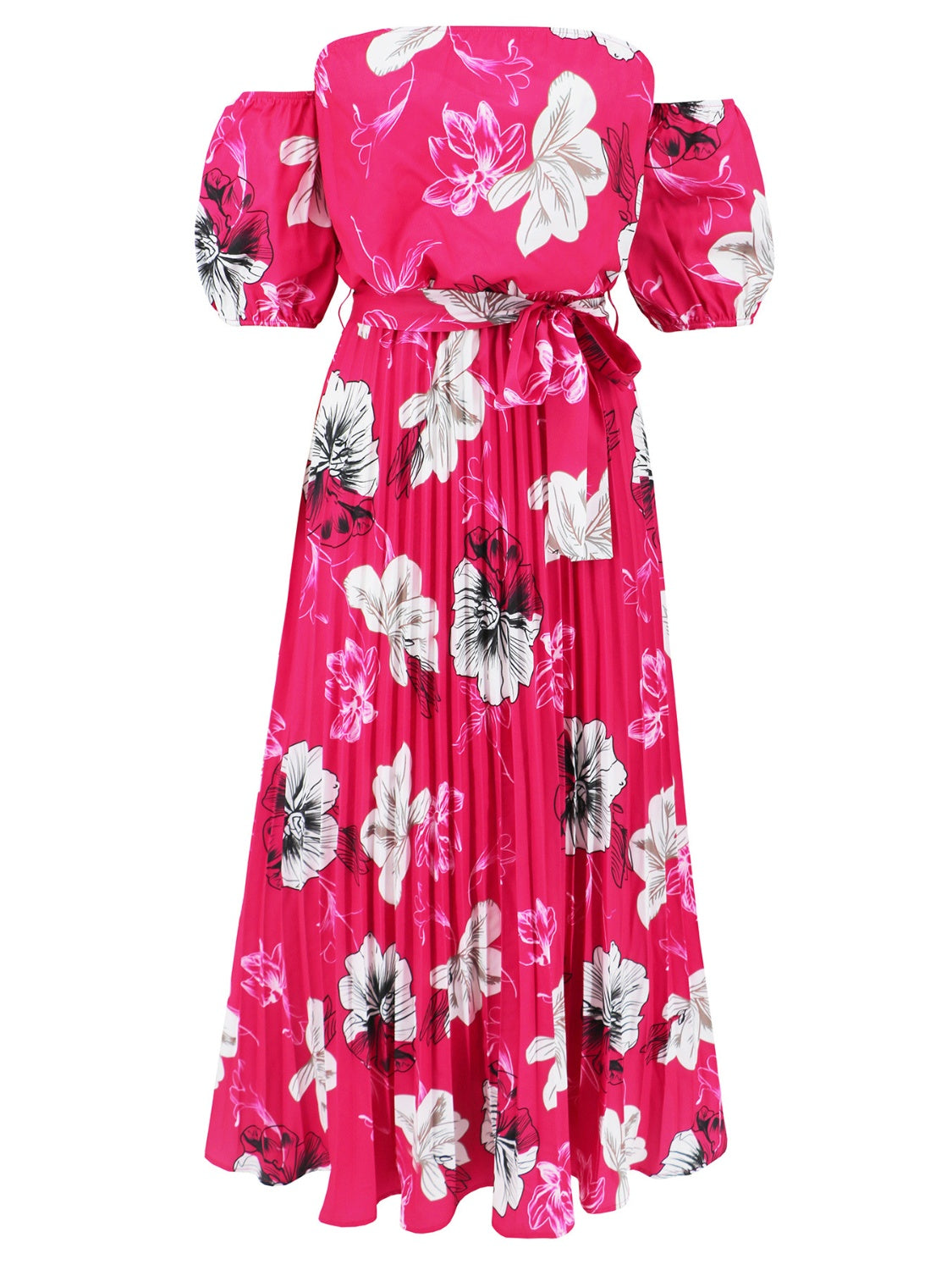 Pleated Floral Off-Shoulder Short Sleeve Midi Dress - Siennasass