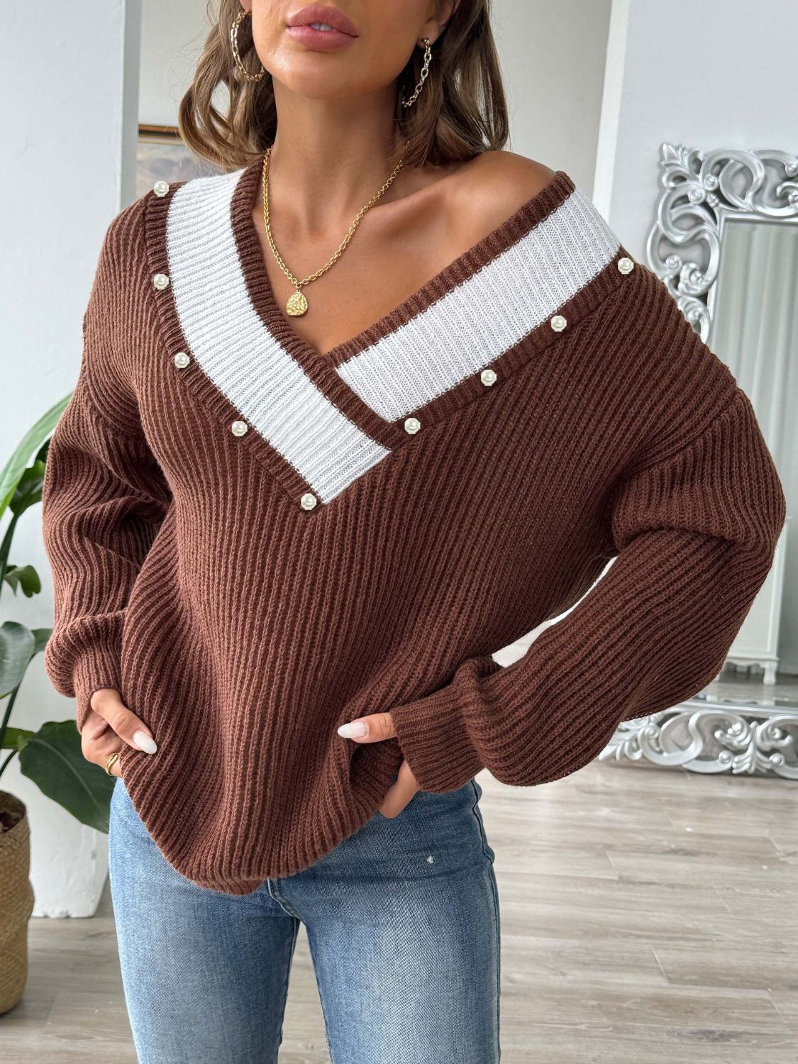 Contrast Trim Dropped Shoulder Long Sleeve Sweater - Siennasass