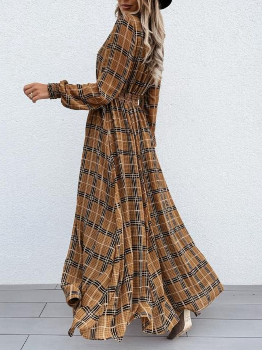 Slit Plaid Tie Neck Long Sleeve Maxi Dress - Siennasass