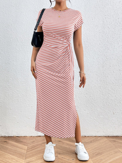 Tied Striped Round Neck Short Sleeve Tee Dress - Siennasass