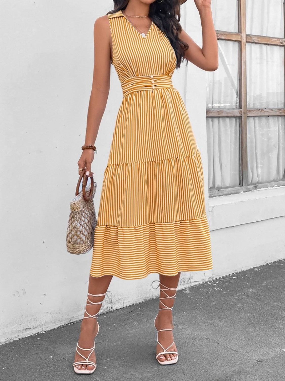 Striped Johnny Collar Sleeveless Midi Dress - Siennasass