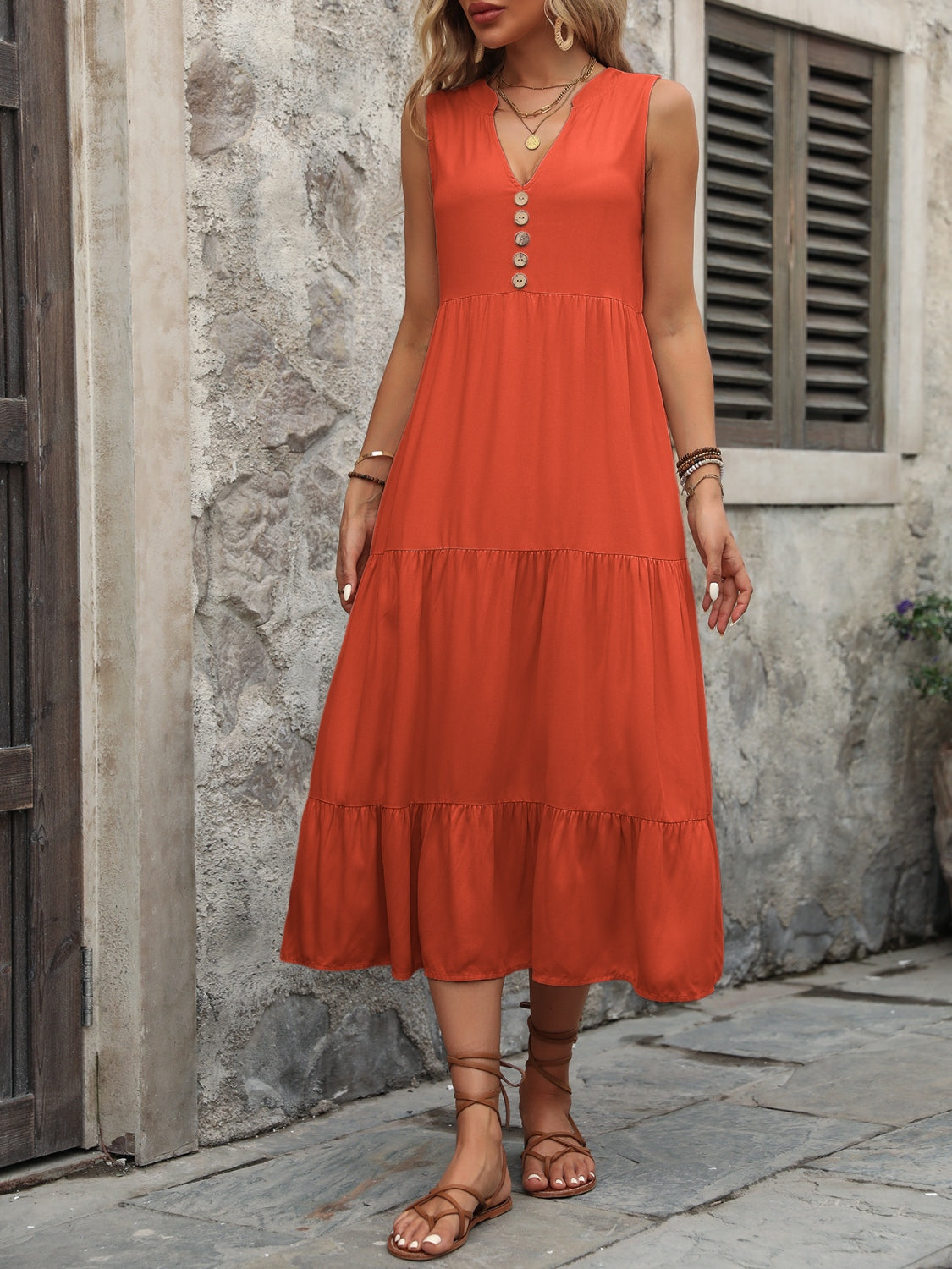 Decorative Button Notched Sleeveless Dress - Siennasass