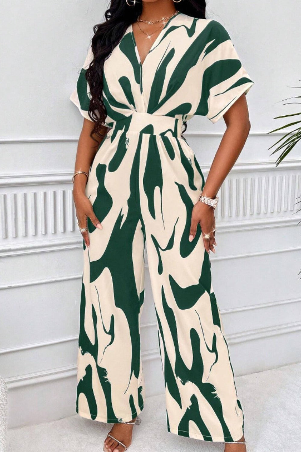 Printed V-Neck Short Sleeve Wide Leg Jumpsuit - Siennasass