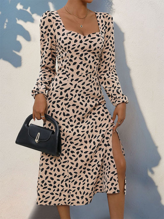 Tied Slit Printed Long Sleeve Midi Dress - Siennasass
