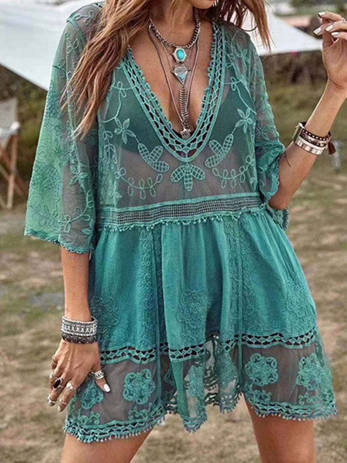 Lace Detail Plunge Cover-Up Dress - Siennasass