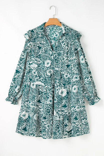 Plus Size Ruffled Printed Flounce Sleeve Dress - Siennasass