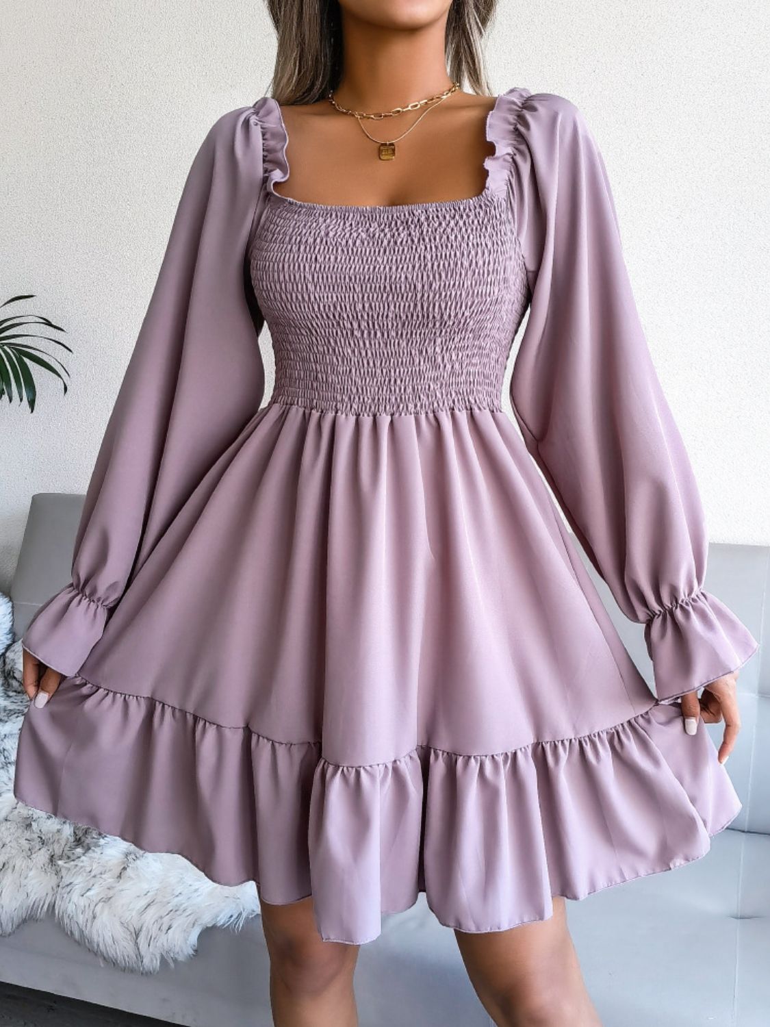 Smocked Flounce Sleeve Square Neck Dress - Siennasass
