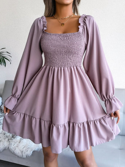 Smocked Flounce Sleeve Square Neck Dress - Siennasass