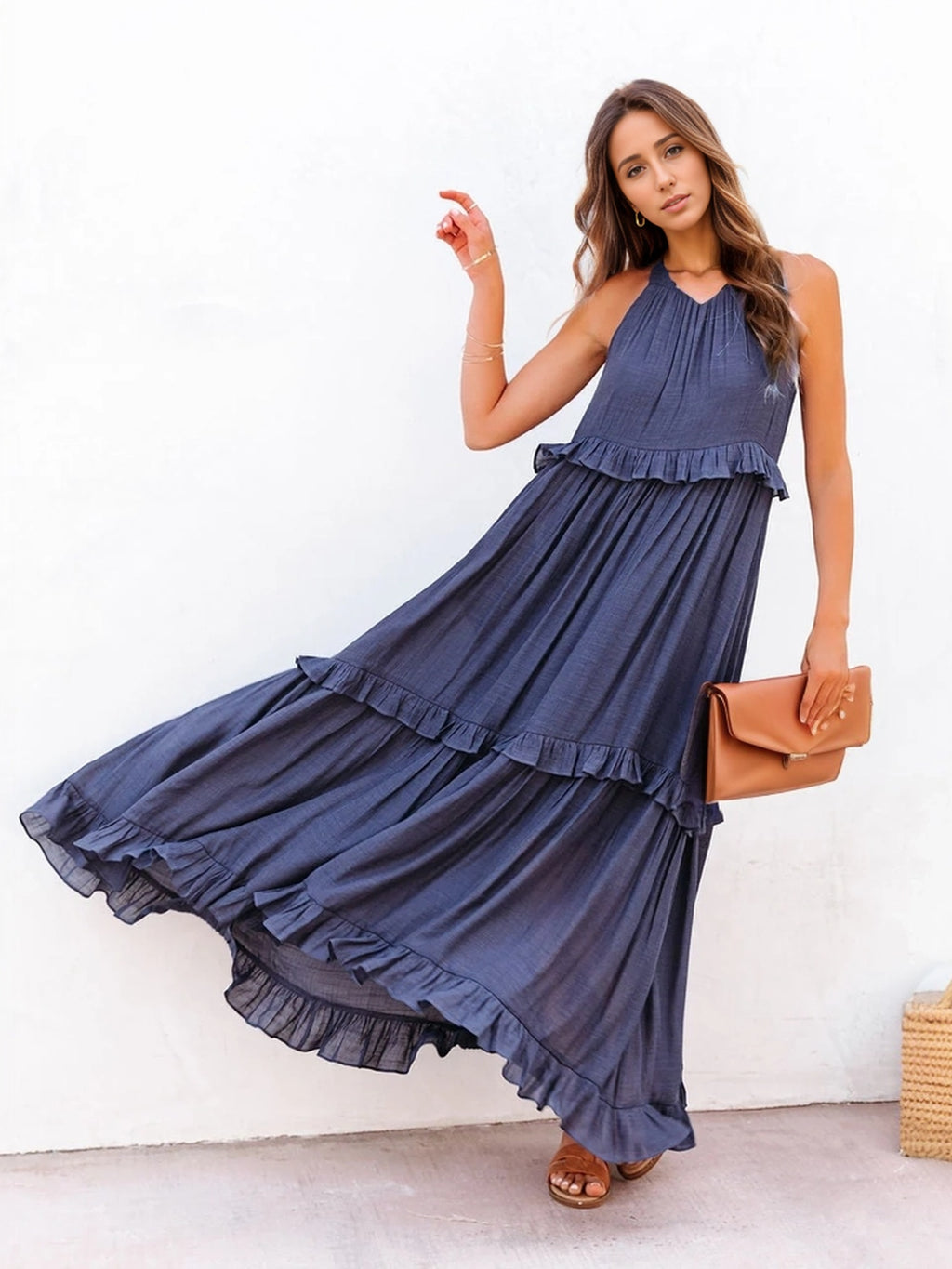 Ruffled Sleeveless Tiered Maxi Dress with Pockets - Siennasass