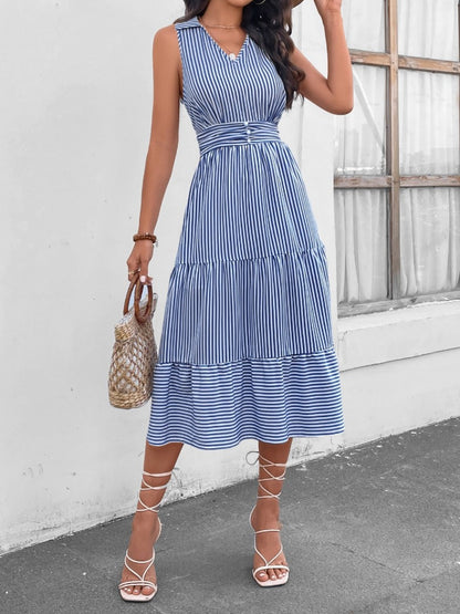 Striped Johnny Collar Sleeveless Midi Dress - Siennasass