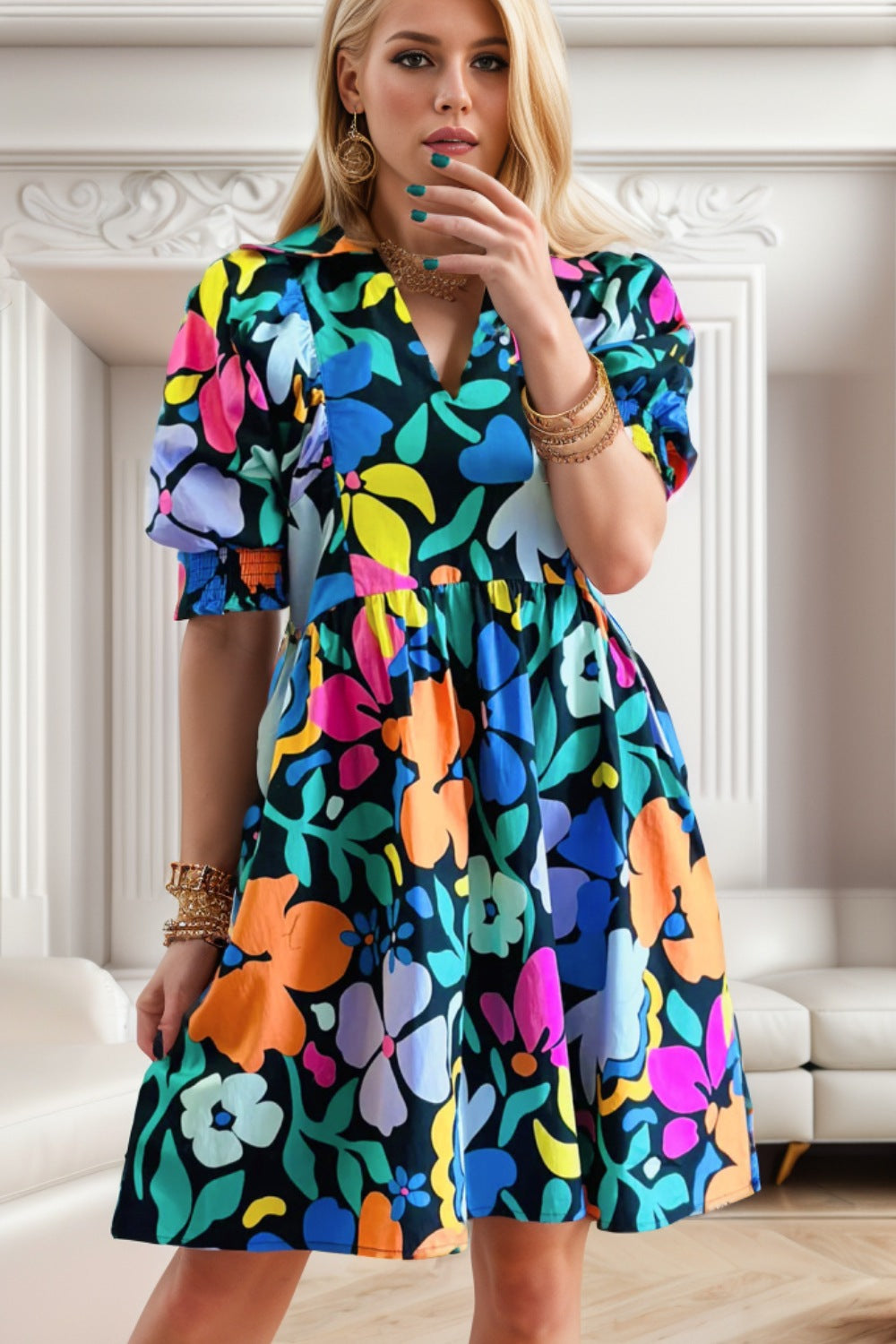 Printed Johnny Collar Half Sleeve Mini Dress - Siennasass
