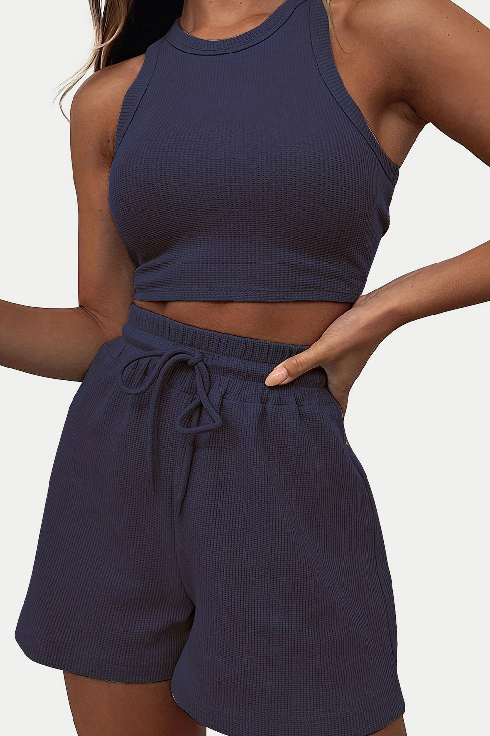 Round Neck Top and Drawstring Shorts Set - Siennasass