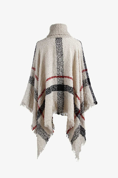 Plaid Turtleneck Raw Hem Poncho - Siennasass