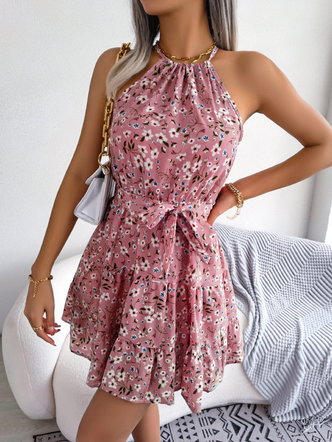 Tied Printed Grecian Neck Mini Dress - Siennasass