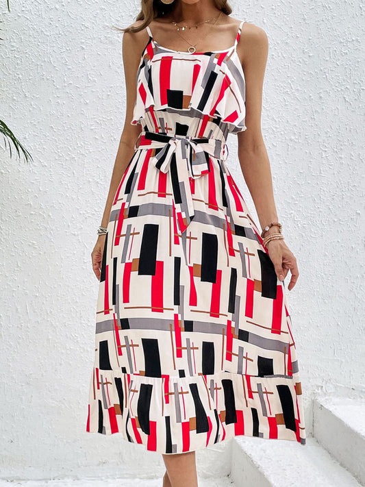 Ruffled Printed Tie Waist Midi Dress - Siennasass