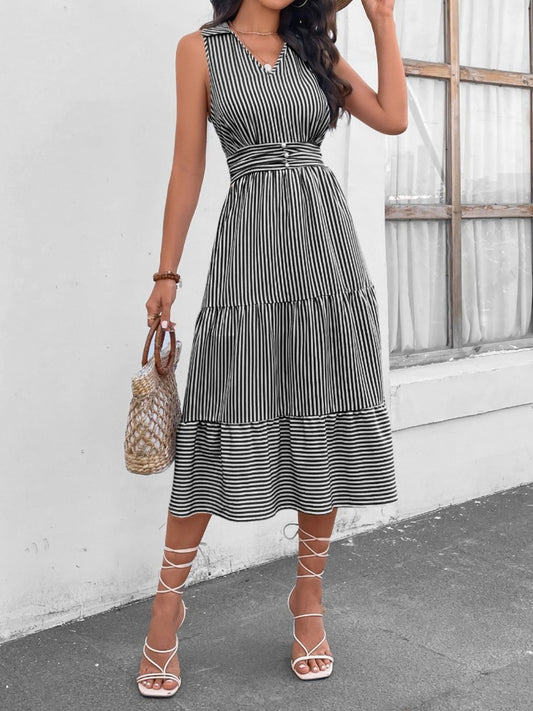 Striped Johnny Collar Sleeveless Midi Dress - Siennasass