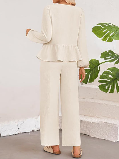 Tie Neck Balloon Sleeve Top and Pants Set - Siennasass