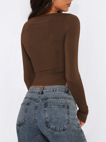 Tied Slit Round Neck Long Sleeve T-Shirt - Siennasass