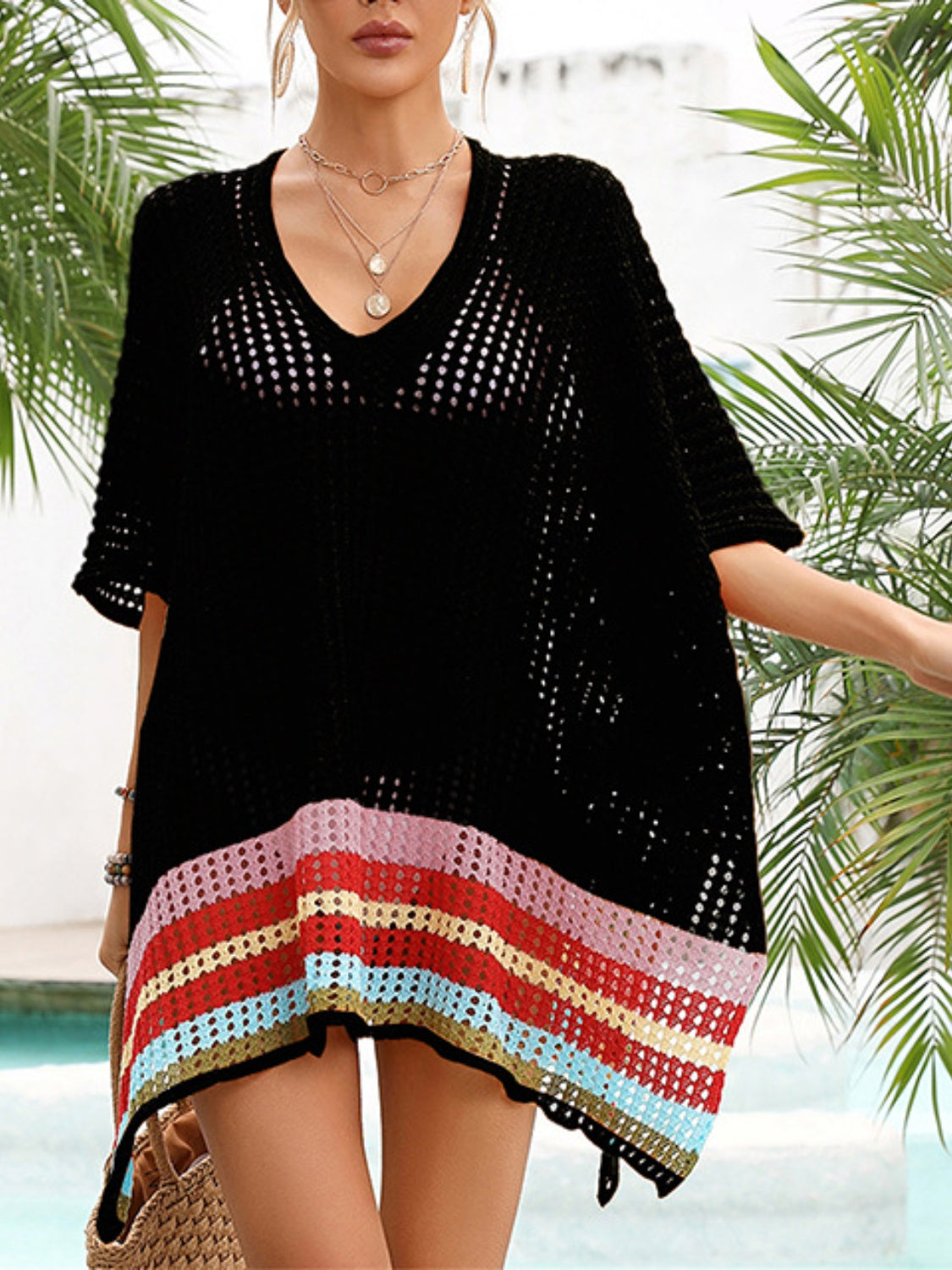 Slit Openwork V-Neck Half Sleeve Cover-Up - Siennasass