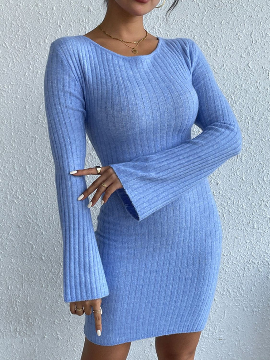 Backless Round Neck Long Sleeve Sweater Dress - Siennasass