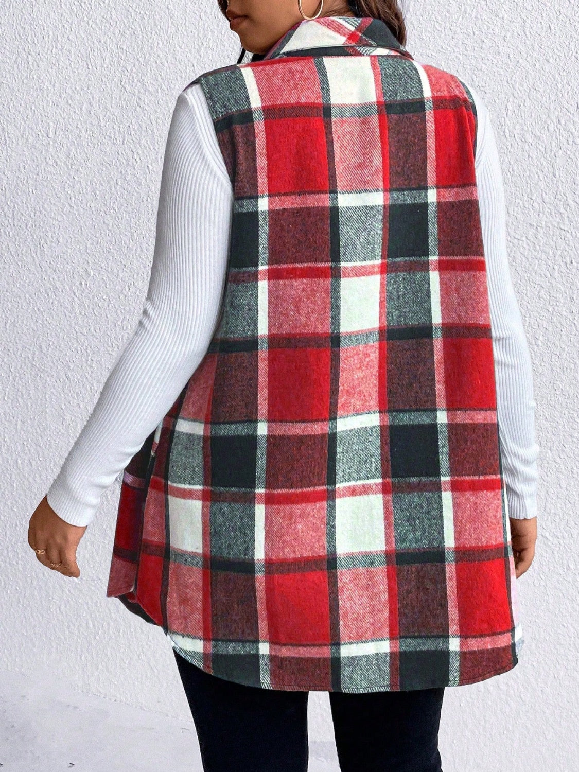 Honey Plus Size Pocketed Plaid Button Up Vest Coat - Siennasass
