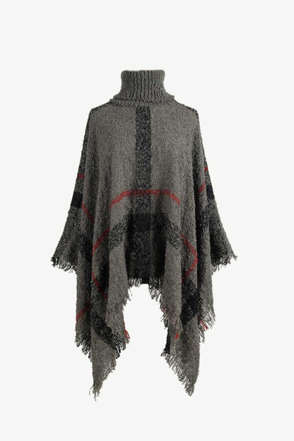 Plaid Turtleneck Raw Hem Poncho - Siennasass