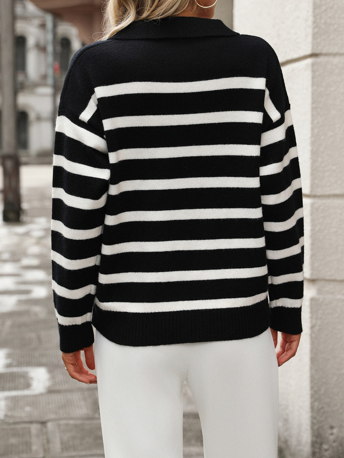 Striped Johnny Collar Long Sleeve Sweater - Siennasass
