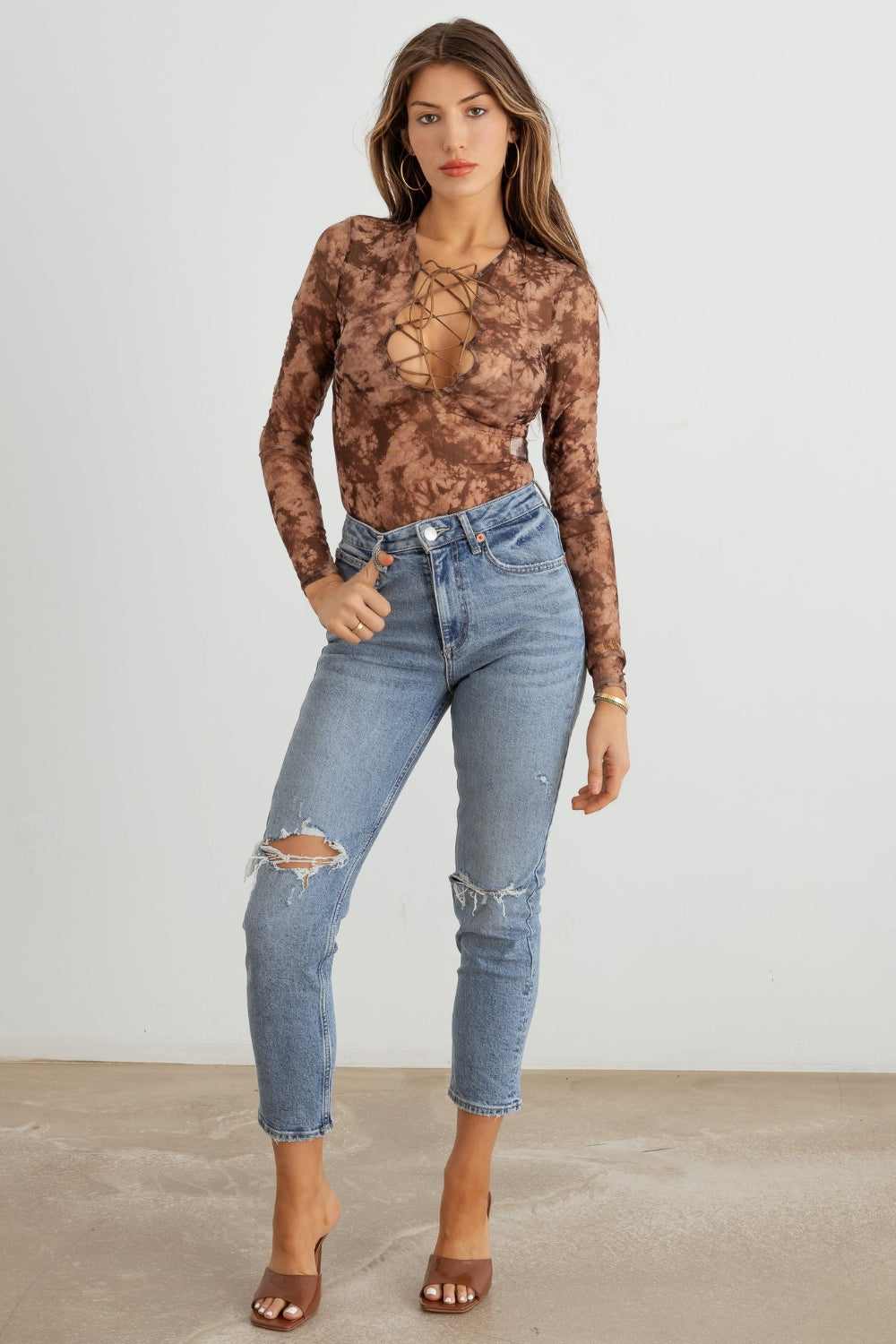 HERA COLLECTION Abstract Mesh Lace-Up Long Sleeve Bodysuit - Siennasass