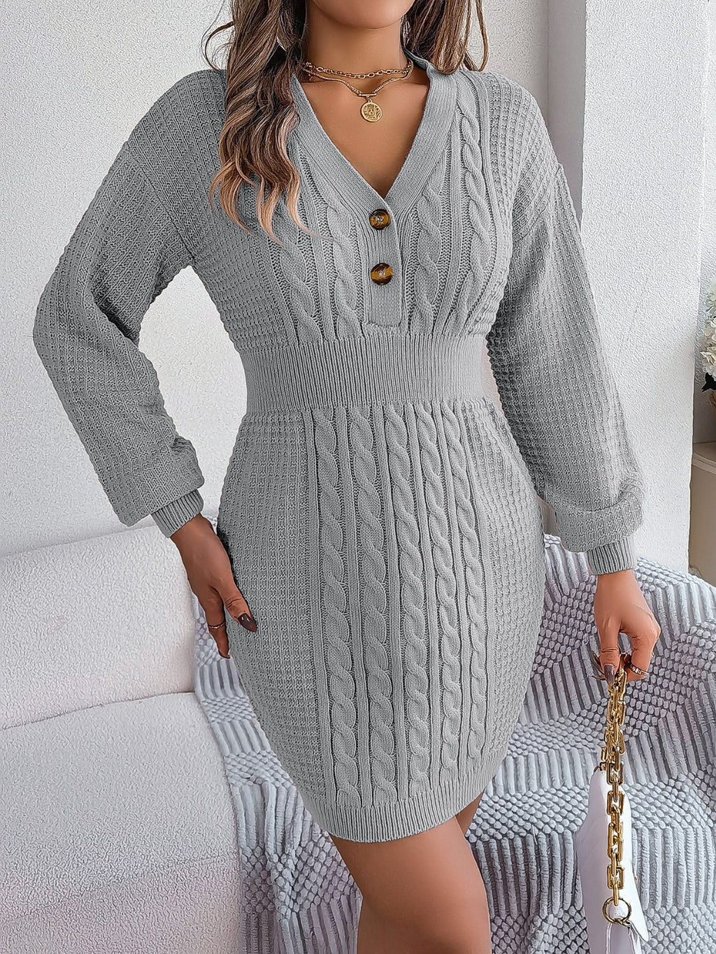 Buttoned Cable-Knit V-Neck Sweater Dress - Siennasass