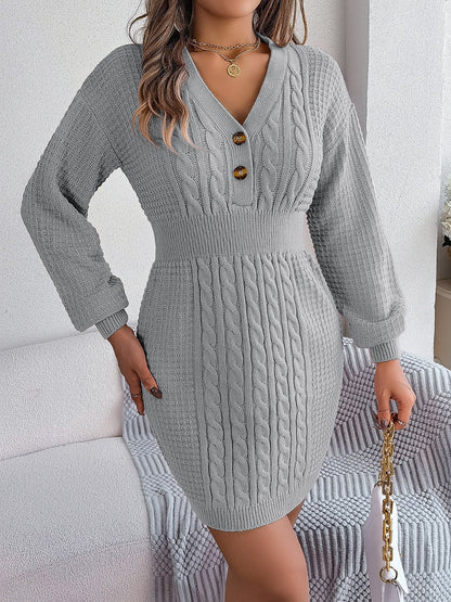 Buttoned Cable-Knit V-Neck Sweater Dress - Siennasass