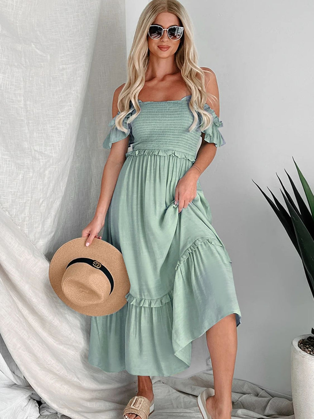Frill Smocked Off-Shoulder Ruffle Sleeve Dress - Siennasass
