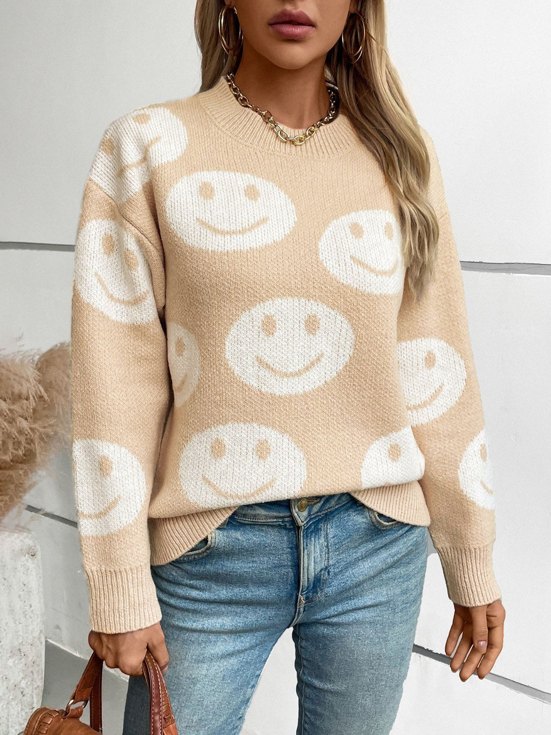 Smile Pattern Round Neck Long Sleeve Sweater - Siennasass