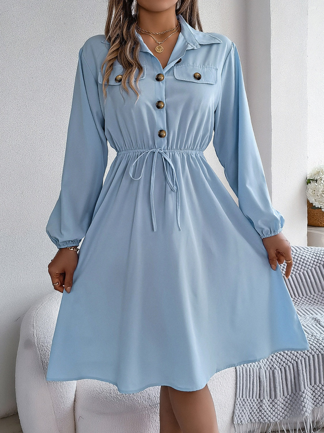 Collared Neck Long Sleeve Dress with Pockets - Siennasass