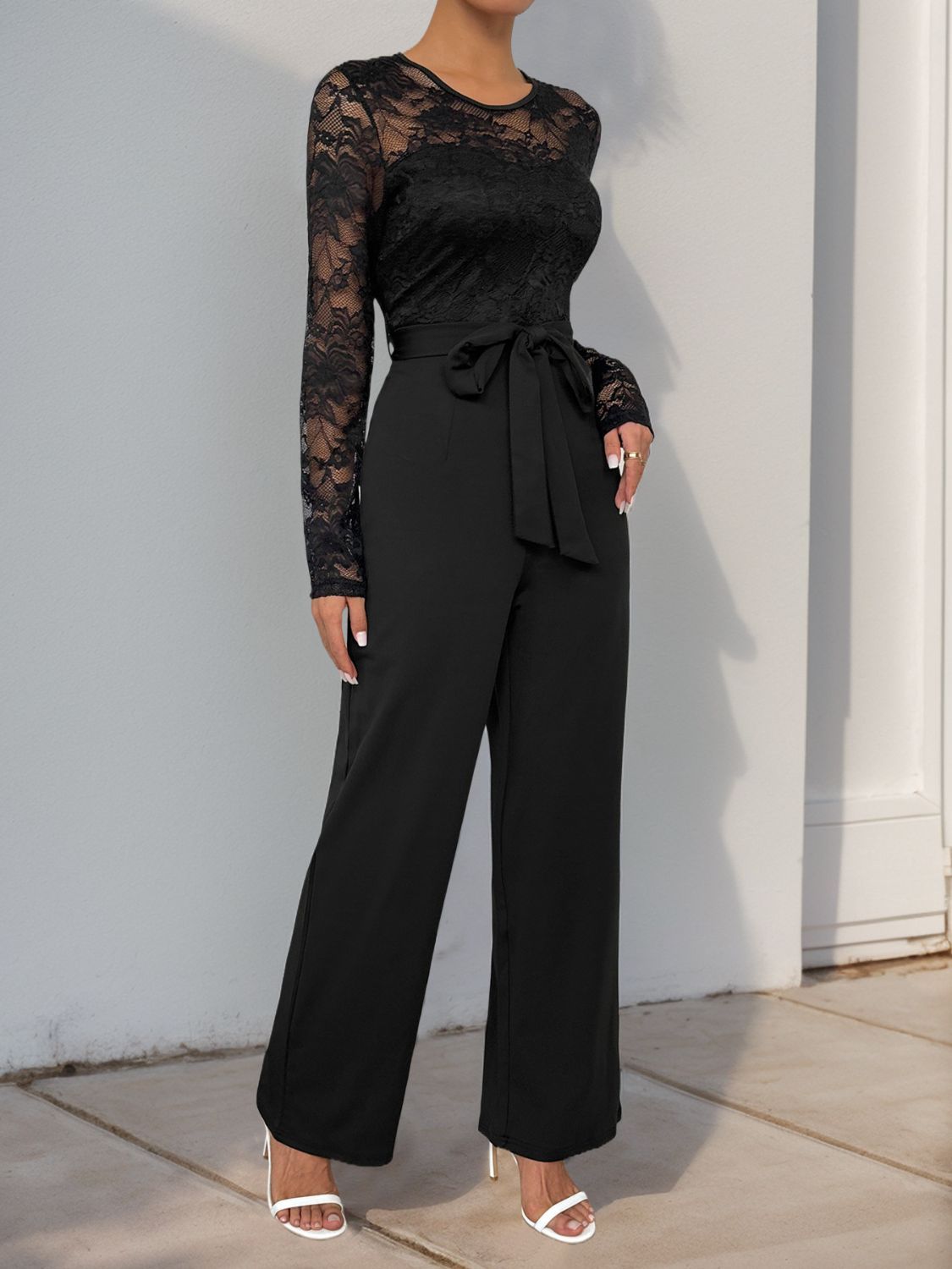 Perfee Lace Round Neck Long Sleeve Jumpsuit - Siennasass