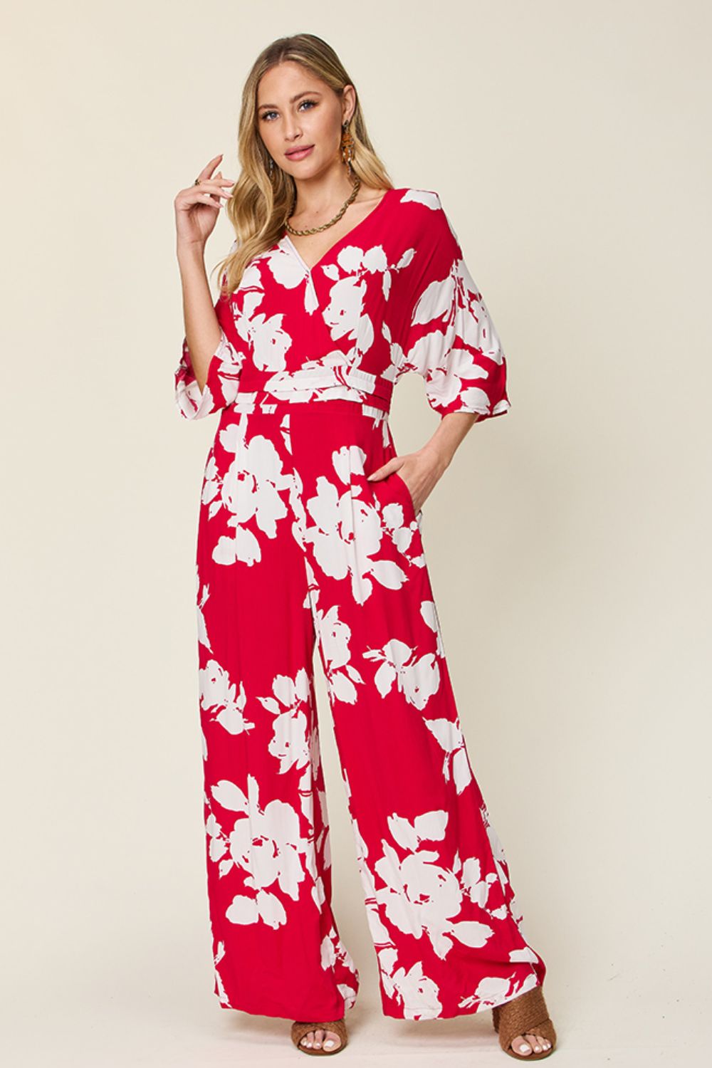 Double Take Full Size Printed Tie Back Wide Leg Jumpsuit - Siennasass