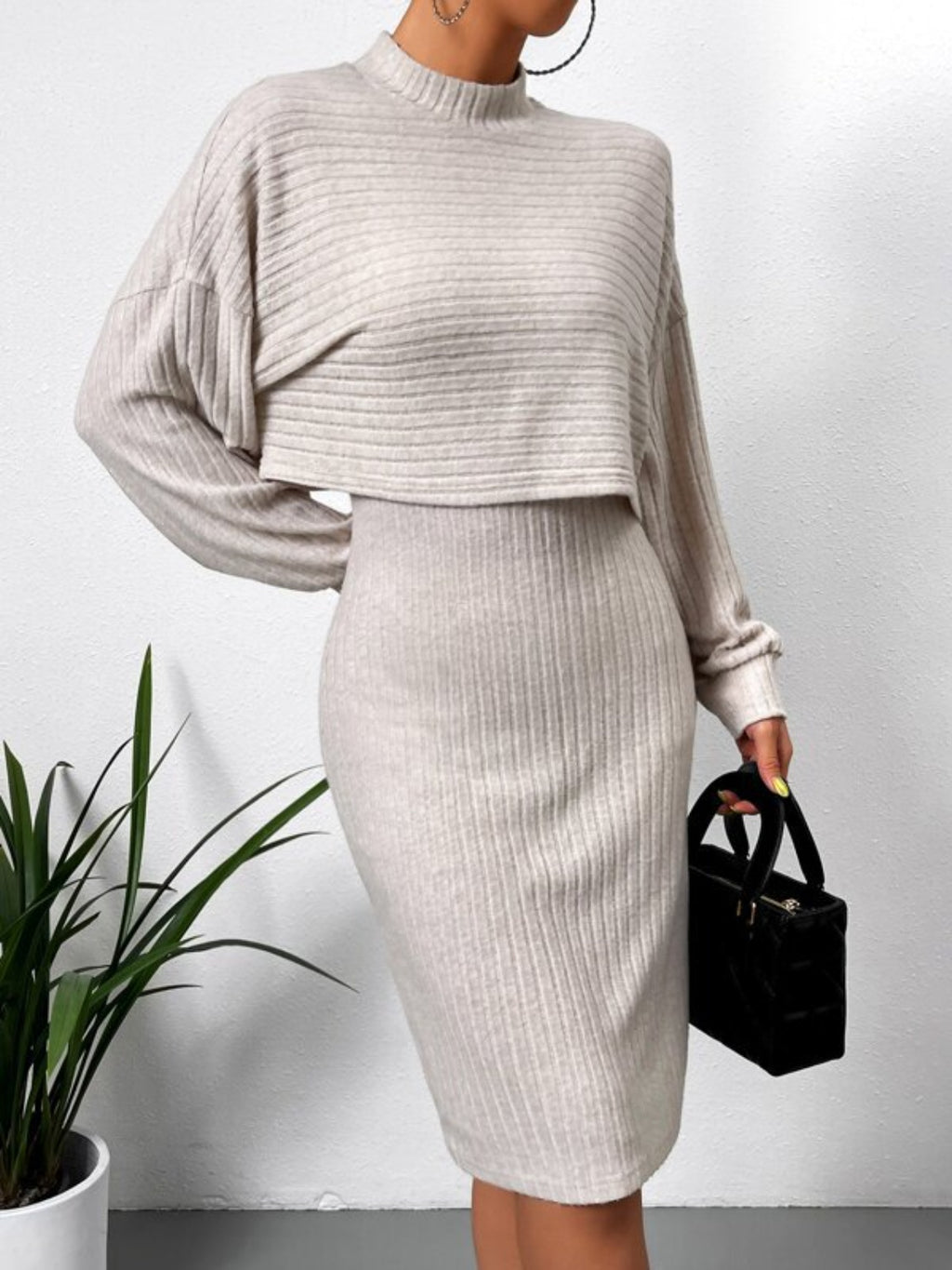 Mock Neck Long Sleeve Top and Wide Strap Dress Set - Siennasass