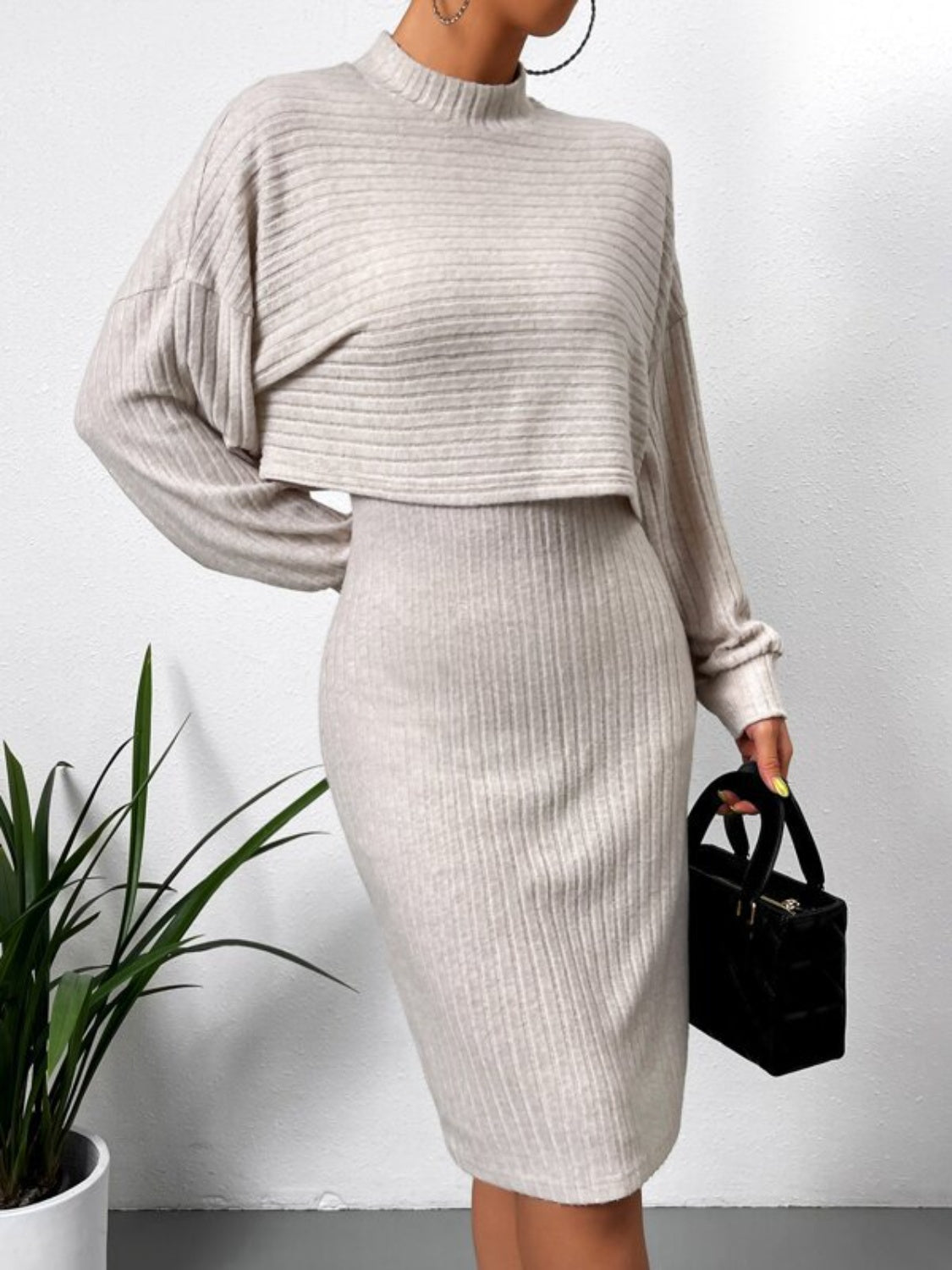 Mock Neck Long Sleeve Top and Wide Strap Dress Set - Siennasass