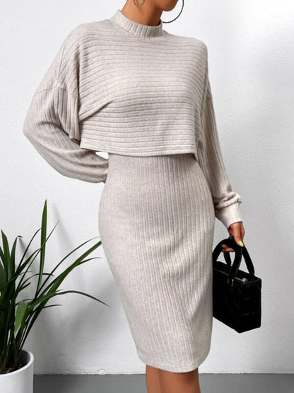 Mock Neck Long Sleeve Top and Wide Strap Dress Set - Siennasass