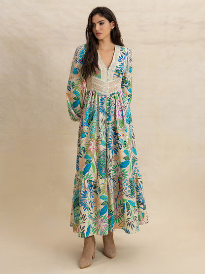 Bedrucktes Langarm-Midikleid mit Schlitz und V-Ausschnitt