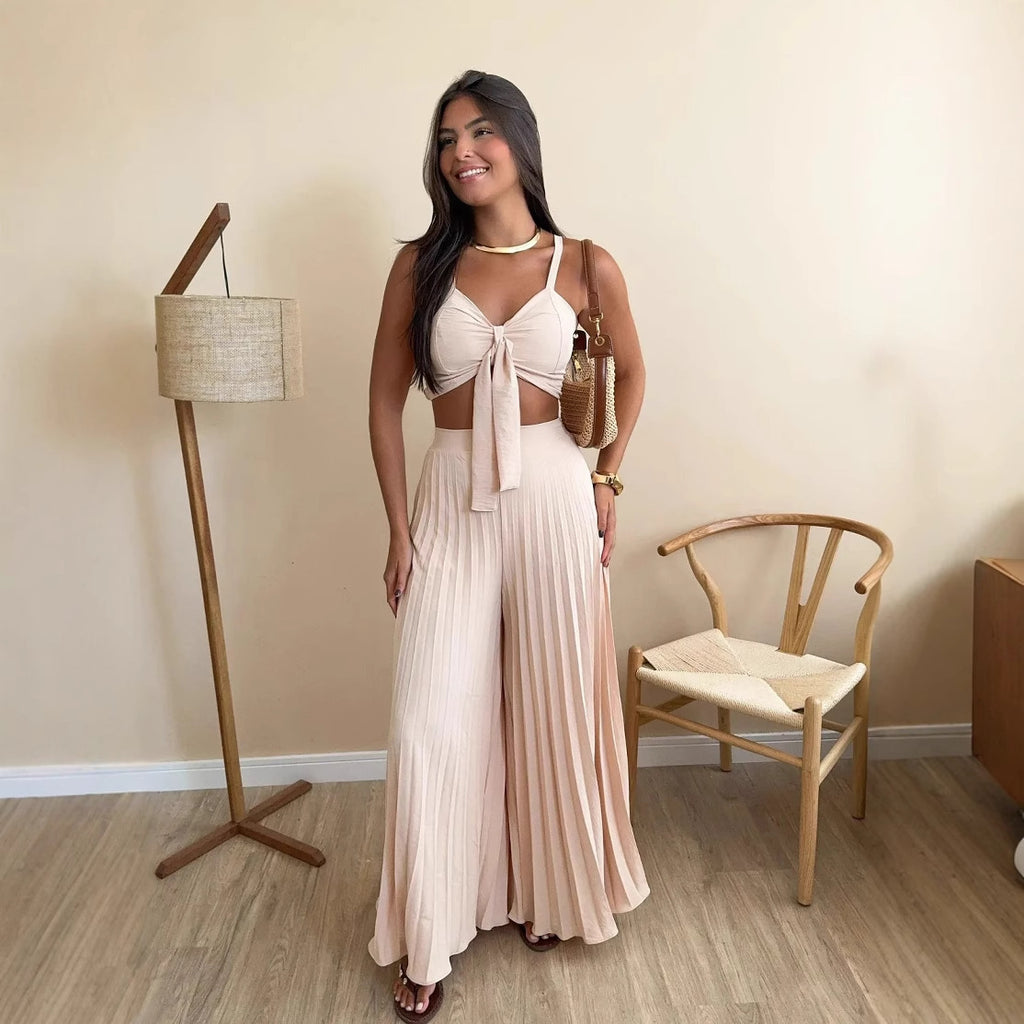 Camisole Pleated Loose Wide Leg Pants Set