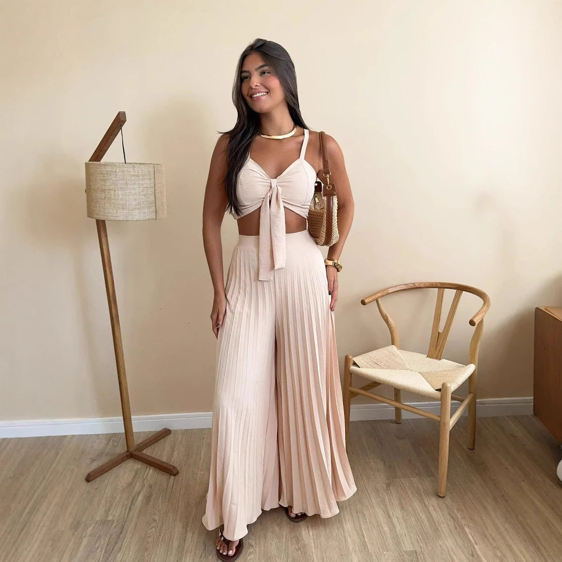 Camisole Pleated Loose Wide Leg Pants Set