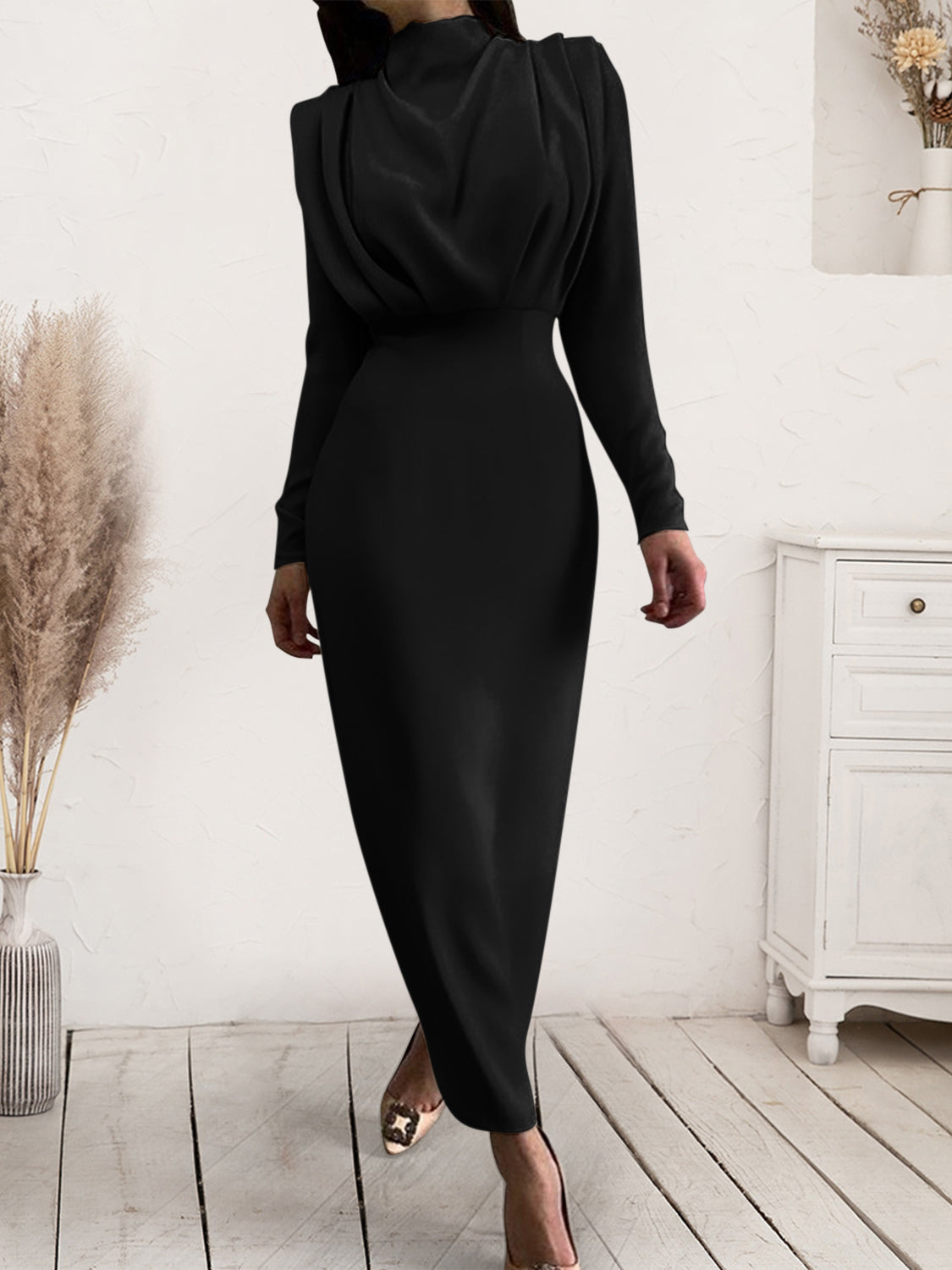 Ruched Turtleneck Long Sleeve Dress - Siennasass