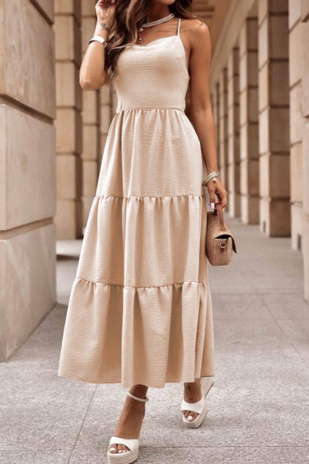 Tiered Crisscross Spaghetti Strap Dress - Siennasass