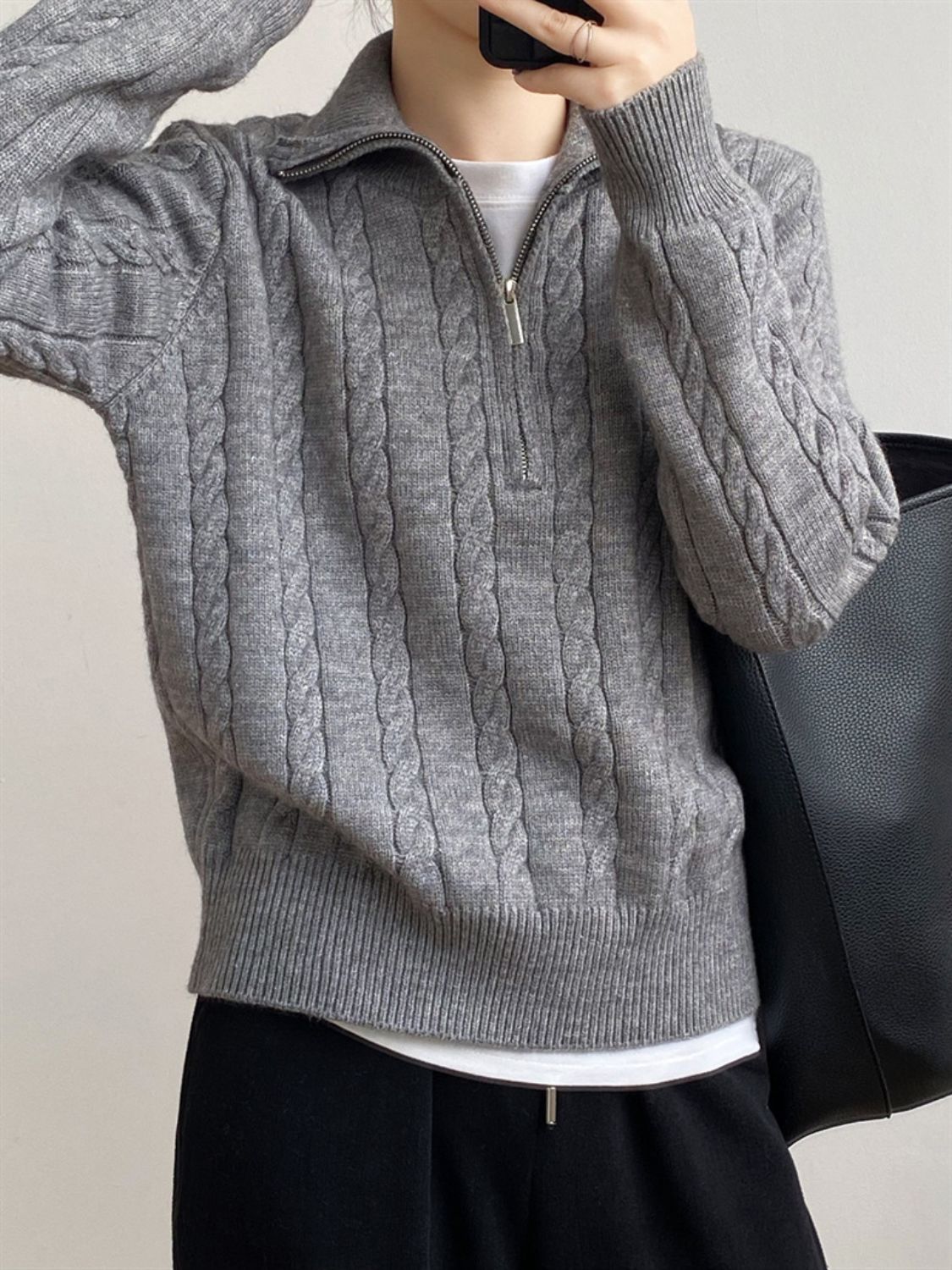 Cable-Knit Half Zip Long Sleeve Sweater - Siennasass