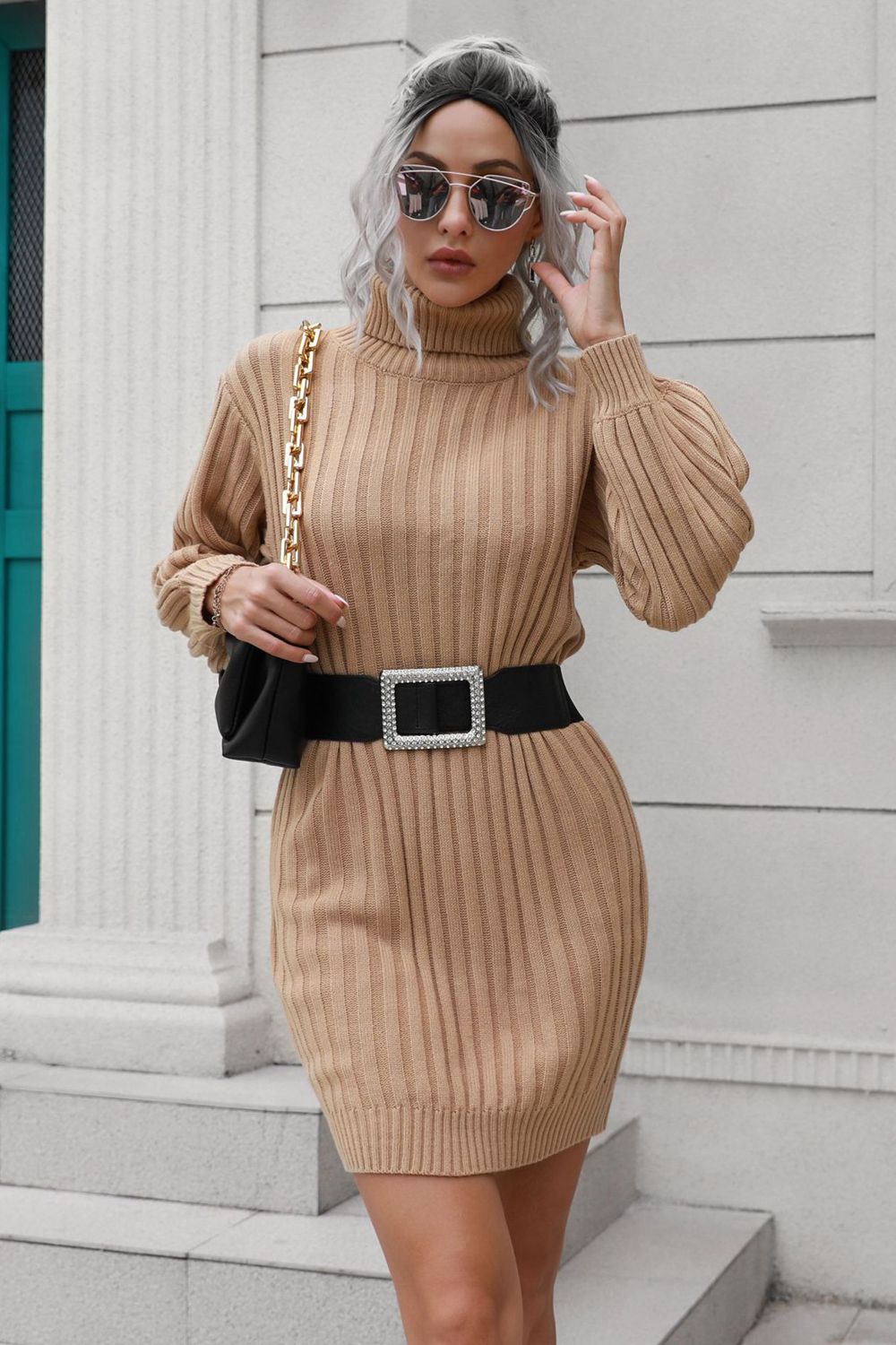 Ribbed Turtle Neck Long Sleeve Mini Sweater Dress - Siennasass